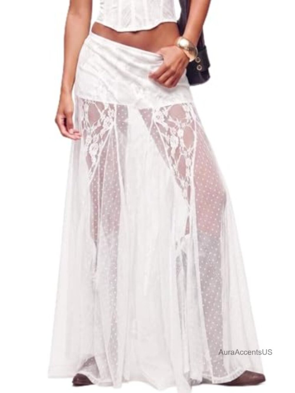Lace Maxi Skirt with Built-in Shorts, High Waisted Flowy A-Line Skirt